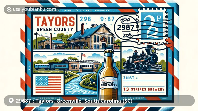 Modern illustration of Taylors, Greenville County, South Carolina, celebrating ZIP code 29687 with Southern Bleachery, Piedmont Print Works at Taylors Mill, Model Trains Station, 13 Stripes Brewery, and Enoree River.