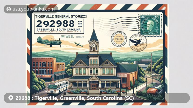 Modern illustration of Tigerville, Greenville County, South Carolina, featuring vintage airmail envelope with ZIP code 29688, showcasing Tigerville General Store and North Greenville University campus.
