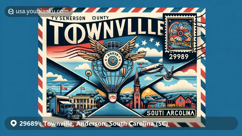 Modern illustration of Townville, Anderson County, South Carolina, featuring postal theme with vintage airmail envelope and local landmarks, surrounded by Anderson County's map outline and South Carolina flag.