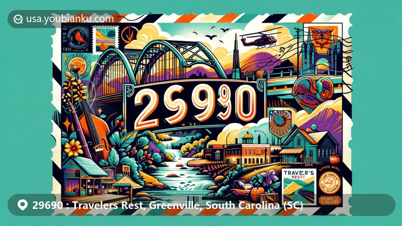 Modern illustration of Travelers Rest, Greenville, South Carolina, featuring ZIP code 29690, showcasing Poinsett Bridge, Swamp Rabbit Trail, Bluegrass music, farmers' market, Blue Ridge Mountains, and postal motifs.