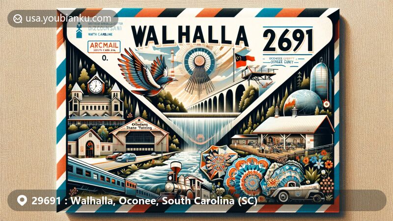 Modern illustration of ZIP Code 29691, Walhalla, Oconee, South Carolina, featuring a creative airmail envelope showcasing Stumphouse Mountain Tunnel, Oconee Station State Historic Site, Walhalla Performing Arts Center, Museum of the Cherokee, Issaqueena Falls, Upstate Heritage Quilt Trail, and German-style architecture.