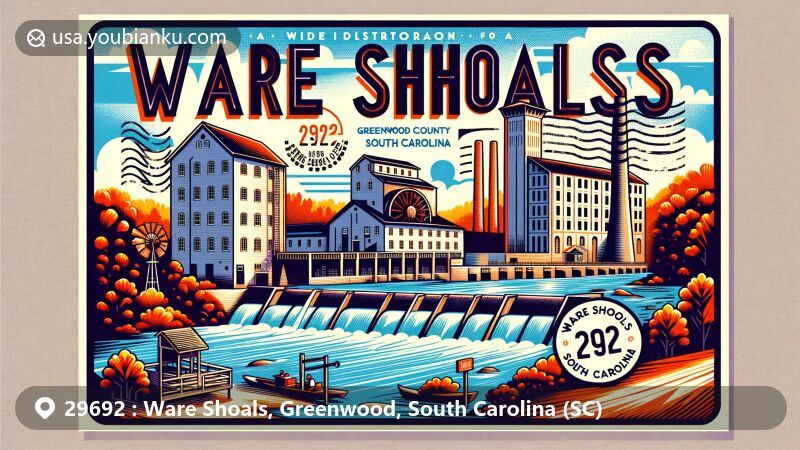 Modern illustration of Ware Shoals, Greenwood County, South Carolina, highlighting Ware Shoals Dam, historic textile mill, and Saluda River, in a postcard format with ZIP code 29692.