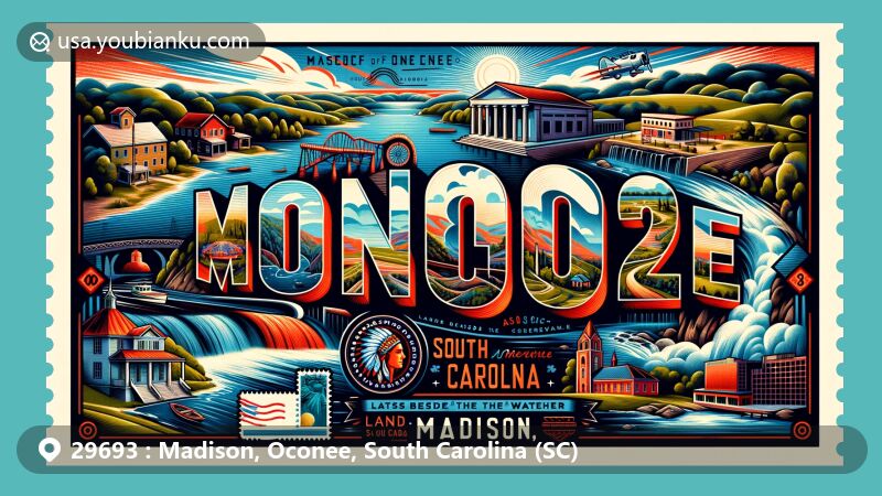 Modern illustration of Madison, Oconee County, South Carolina, featuring ZIP Code 29693, picturesque landscape with lakes and rivers, Museum of the Cherokee, Stumphouse Tunnel, Issaqueena Falls, and vintage postal elements.