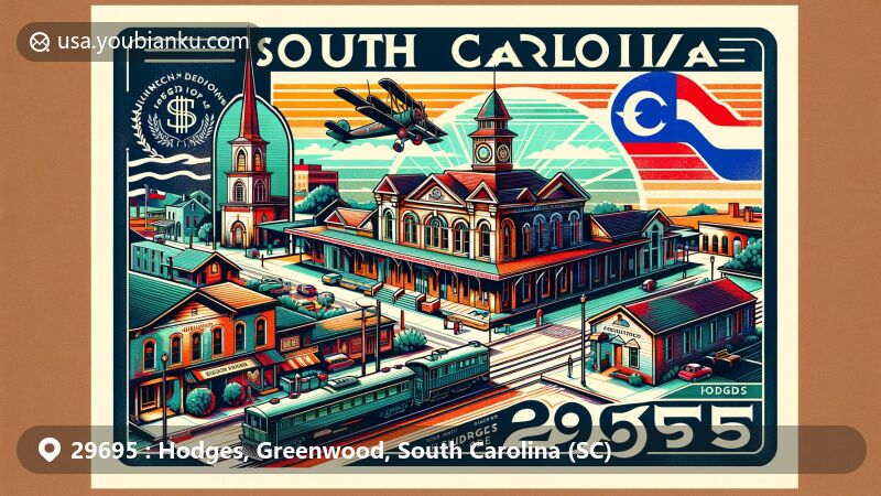 Modern illustration of Hodges, Greenwood County, South Carolina, featuring postal theme with ZIP code 29695, showcasing historic Jackson Station, Hodges Presbyterian Church, and South Carolina state flag.