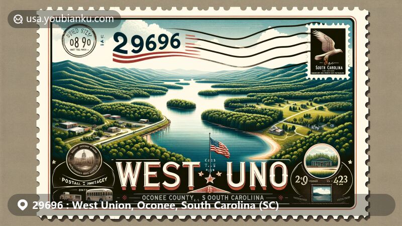 Modern illustration of West Union, Oconee County, South Carolina, capturing the essence of the area with a scenic view of Lake Keowee and the Blue Ridge Mountains, featuring the South Carolina state flag and postal heritage elements.