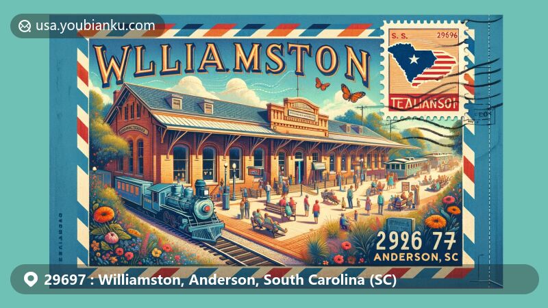 Modern illustration of Williamston, Anderson, South Carolina, representing zip code 29697 with vintage air mail envelope, featuring historic Williamston Depot, Mineral Spring Park, and South Carolina state flag.