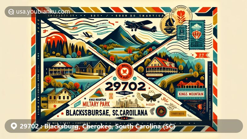 Vintage-style air mail envelope representing Blacksburg, Cherokee, South Carolina, featuring Kings Mountain National Military Park and State Park, historical trails, lakes, and 'Iron City' streets.
