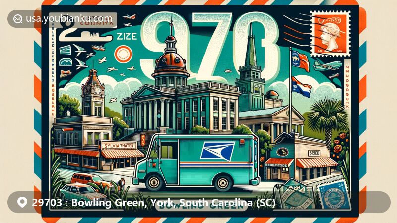Modern illustration of Bowling Green, York County, South Carolina, resembling an air mail envelope, with ZIP code 29703, showcasing landmarks like York County Courthouse, Sylvia Theater, Rose Hotel, Allison Plantation, and Hart House, along with South Carolina state symbols.