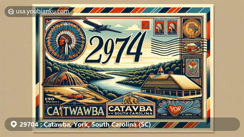 Modern illustration of Catawba, York, South Carolina, presenting Catawba Indian Nation Cultural Center and scenic Catawba River, along with vintage air mail envelope and South Carolina state flag colors, emphasizing ZIP code 29704.