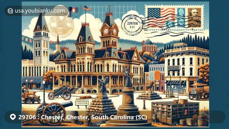 Modern illustration of Chester, South Carolina, ZIP code area 29706, featuring Historic Downtown with Victorian-era architecture, Chester County Courthouse, Confederate monument, cistern, Civil War cannons, and Olde English District history.