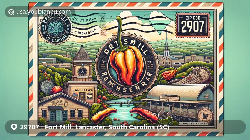 Modern illustration of Fort Mill, South Carolina, featuring postal theme with ZIP code 29707, showcasing landmarks like Caroline Simas's 'Hometown' Mural, Fort Mill Community Playhouse, and PuckerButt Pepper Co.
