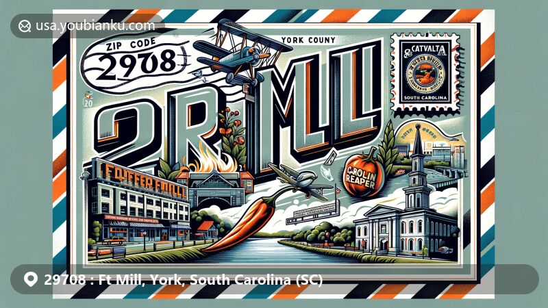 Modern illustration of ZIP code 29708 in Fort Mill, York County, South Carolina, showcasing natural beauty, Catawba River, PuckerButt Pepper Company, historic district landmarks, and Fort Mill Golf Club stamp.