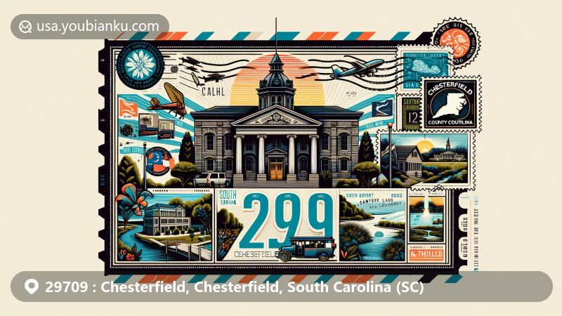 Modern illustration of ZIP Code 29709, Chesterfield, South Carolina, featuring Chesterfield County Courthouse and natural landscapes like Carolina Sandhills NWR and Teal’s Millpond.