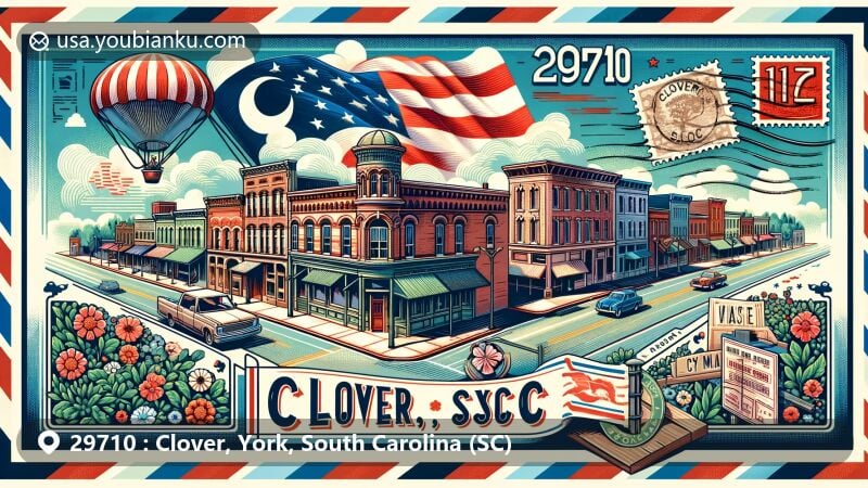 Modern illustration of Clover, York County, South Carolina, capturing the essence of ZIP code 29710. Features historic downtown architecture from the 1880s to 1935, South Carolina state flag, vintage postage stamp, '29710 Clover, SC' postmark, and classic air mail envelope border.