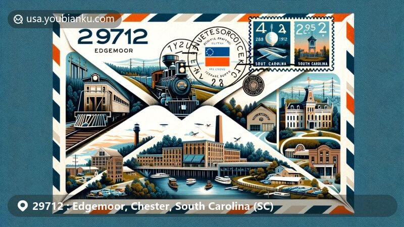 Modern illustration of airmail envelope with ZIP code 29712, showcasing local landmarks like Great Falls Depot, Manetta Mills, and Historic Downtown Chester, along with natural beauty of Landsford Canal.