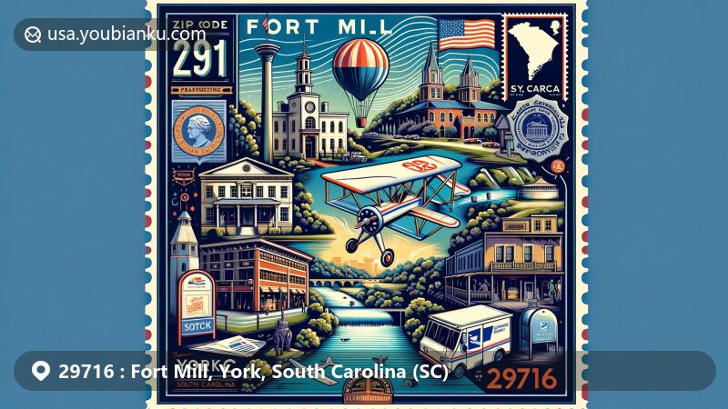 Vintage-style illustration of Fort Mill, York County, South Carolina, with airmail envelope showcasing key landmarks like historic downtown, Carowinds theme park, Catawba River, and Anne Springs Close Greenway, along with South Carolina state flag and postal elements.