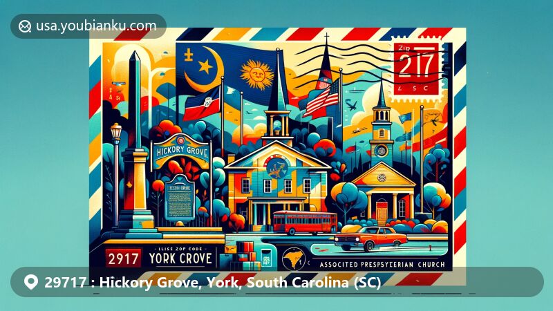 Modern illustration of Hickory Grove, York County, South Carolina, showcasing postal theme with ZIP code 29717, featuring town landmarks and symbols like the historical marker, Associate Reformed Presbyterian Church, and Hickory Grove Post Office.