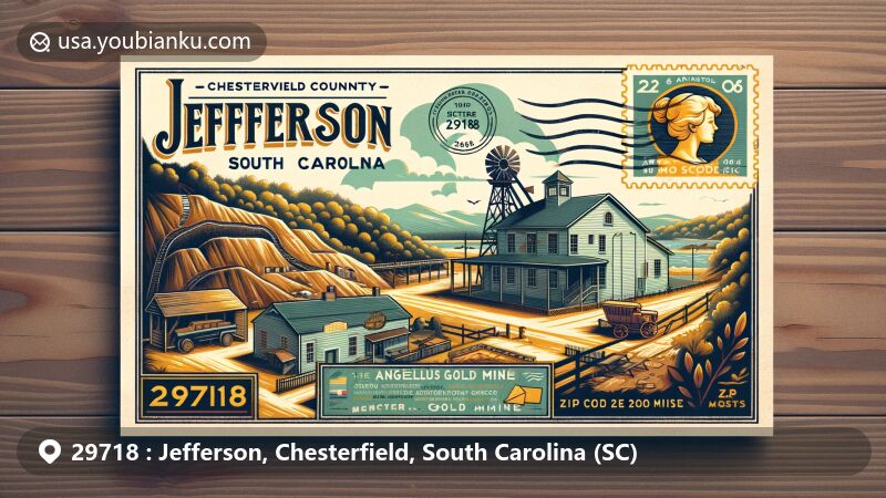 Modern illustration of Jefferson, Chesterfield County, South Carolina, featuring Brewer Gold Mine and Angelus School Gymnasium, capturing the area's historical gold mining and educational landmarks.