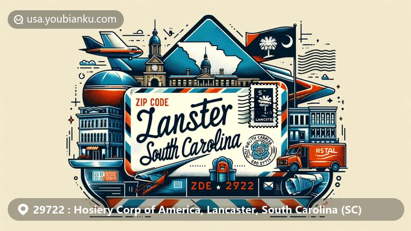 Modern illustration of Hosiery Corp of America area in Lancaster, South Carolina, with vintage airmail envelope showcasing landmarks and symbols, including Lancaster's shape, South Carolina flag, cityscape, and postal stamp with ZIP code 29722.