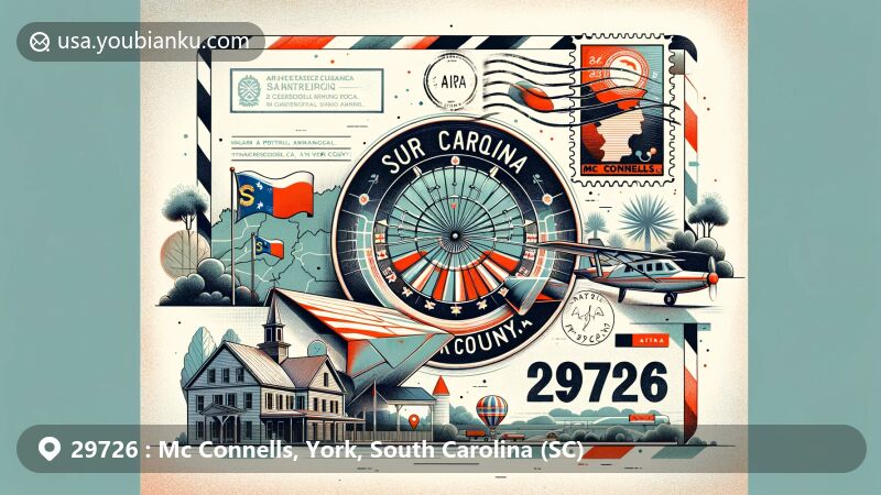 Creative illustration of Mc Connells, York County, South Carolina, featuring a modern postal theme with air mail envelope, South Carolina state flag postage stamp, and Brattonsville symbol.
