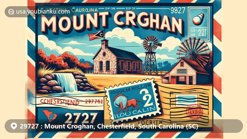 Modern illustration of Mount Croghan, Chesterfield, South Carolina, depicting vintage postcard design with Mount Croghan Gym, Hogbear Hollow grist mill, South Carolina state flag, and ZIP Code 29727 integrated artistically.