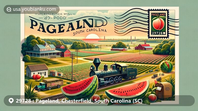 Illustration of Pageland, Chesterfield County, South Carolina, portraying agriculture with watermelon and peach farms, symbolizing 'Watermelon Capital of the World.' Includes historical elements like a model train representing railway arrival and Watermelon Festival ambiance, overlaid with vintage postal design featuring ZIP code 29728.