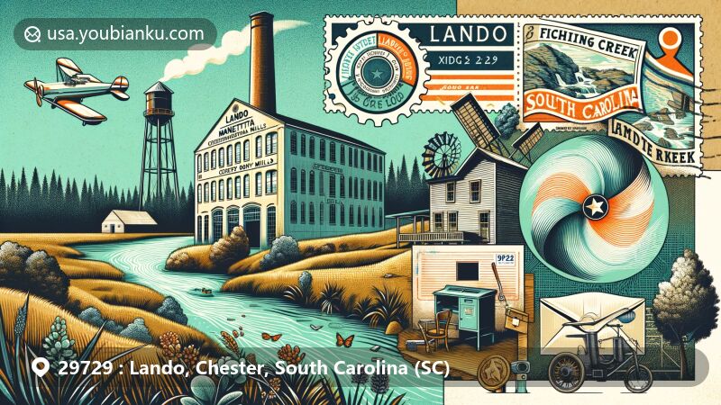 Modern illustration of Lando, Chester County, South Carolina, featuring postal theme with ZIP code 29729, showcasing Lando Manetta Mills and Fishing Creek.