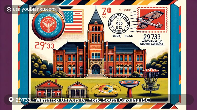 Modern illustration of Winthrop University in York, South Carolina, featuring iconic Tillman Hall with Romanesque architecture, disc golf course, Freedom Walkway, Winthrop University Chapel, and South Carolina state flag.