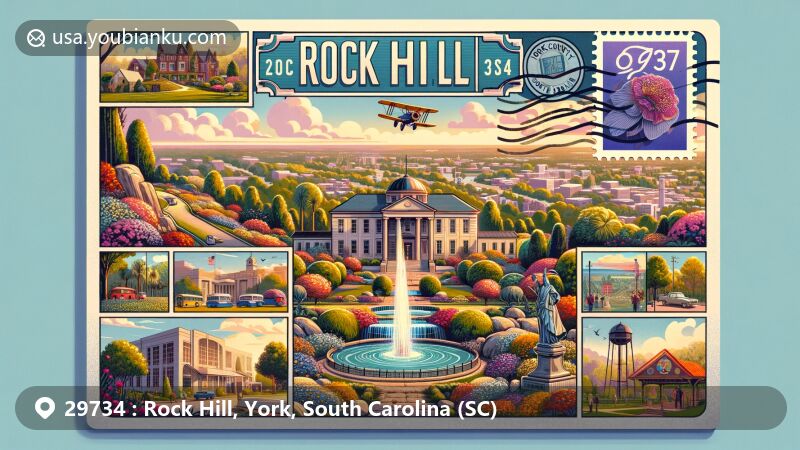 Vibrant illustration of Rock Hill, York County, South Carolina, showcasing Glencairn Gardens, Museum of York County, and Catawba Indian Cultural Center, with postal theme and ZIP code 29734.