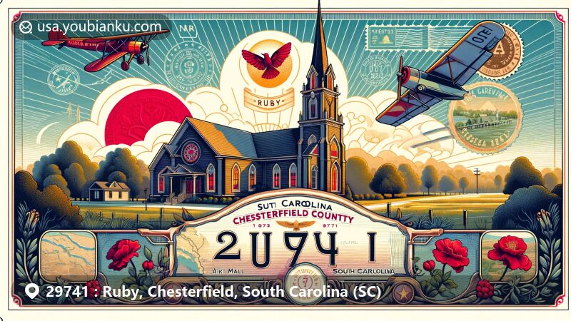 Modern illustration of Ruby, Chesterfield, South Carolina, with postal theme celebrating ZIP code 29741, featuring Ruby Baptist Church and symbolic South Carolina elements.