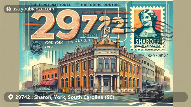 Modern illustration of Sharon, York, South Carolina, highlighting the architectural charm of the Sharon Downtown Historic District and the iconic First National Bank of Sharon.