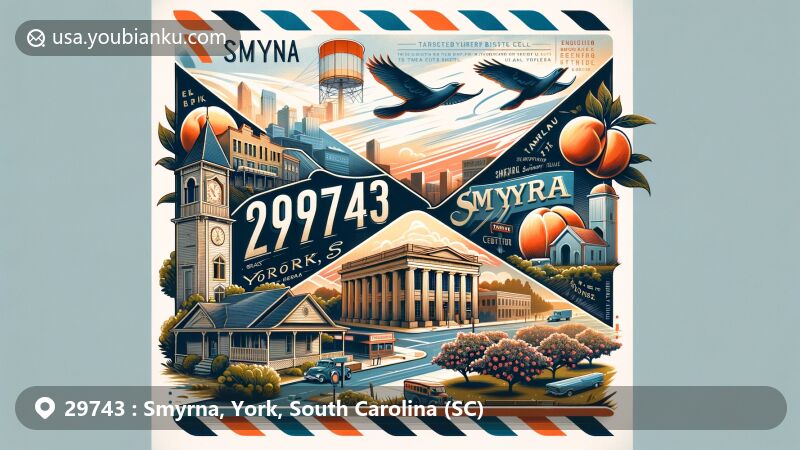 Modern illustration of Smyrna and York, South Carolina, capturing ZIP code 29743 with vintage airmail envelope featuring local landmarks like Smyrna Barbershop and McCelvey Center, peach trees, and Tatanka Bison Ranch.
