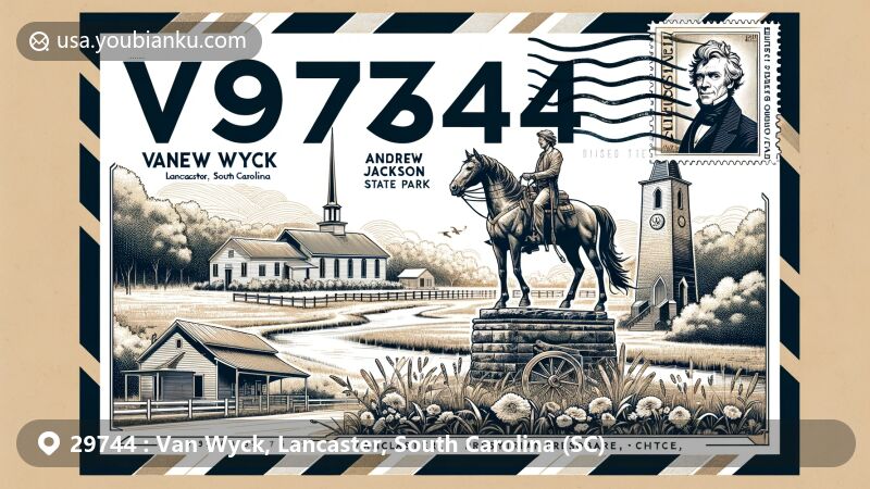 Modern illustration of Van Wyck, Lancaster, South Carolina, embodying ZIP code 29744, featuring Andrew Jackson State Park with a statue of young Andrew Jackson on a farm horse and Van Wyck Presbyterian Church.