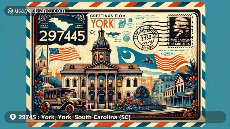 Modern illustration of York, South Carolina, ZIP Code 29745, featuring vintage airmail envelope with detailed drawing of York Historic District, including First Presbyterian Church and York County Courthouse, South Carolina state flag in background, and postal heritage elements like postage stamp, cancellation mark, and postal car. Envelope partially open with letter 'Greetings from York, SC'.