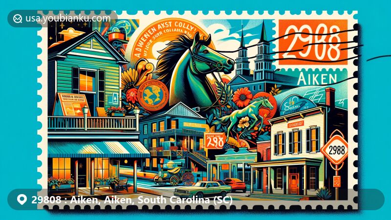Modern illustration of Aiken, South Carolina, featuring Aiken County Historical Museum, Aiken Center for the Arts, horse statue, and charming downtown area, with postal theme of ZIP Code 29808.