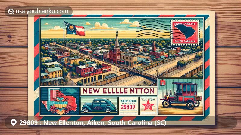 Vintage-style illustration of ZIP Code 29809, New Ellenton, Aiken County, South Carolina, featuring town's charm with buildings, streets, and greenery, and elements like stamp, postal mark, and postal car.