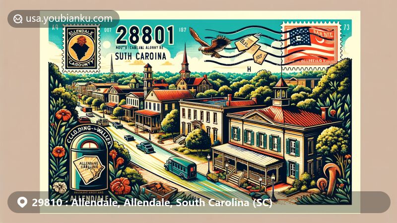 Modern illustration of Allendale, South Carolina, with ZIP code 29810, highlighting historic downtown streets, architecture, and landmarks like Colding-Walker House and Erwin House, featuring a vintage-style postal card with South Carolina's state flag and cultural elements.