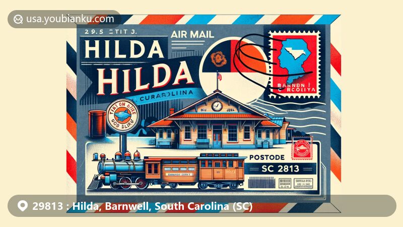 Modern illustration of Hilda, Barnwell County, South Carolina, featuring postal theme with ZIP code 29813, showcasing Hilda Depot and vintage stamp, integrating South Carolina state flag and classic air mail elements.