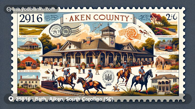 Modern illustration of Bath, Aiken County, South Carolina, capturing equestrian lifestyle amidst polo and horse racing culture, featuring Aiken Train Depot, Thoroughbred Racing Hall of Fame, and Rose Hill Estate, with ZIP Code 29816.