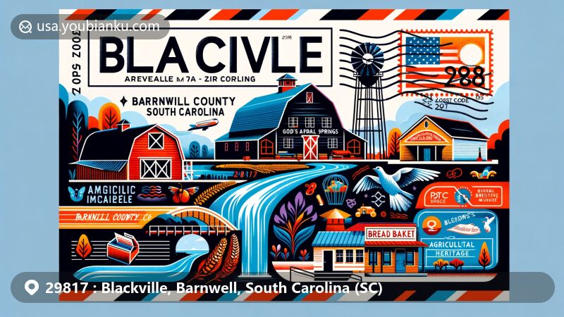 Modern illustration of Blackville, Barnwell County, South Carolina, inspired by air mail envelope theme with ZIP code 29817, featuring symbols of Blackville Barn, God's Acre Healing Springs, Miller's Bread Basket, and Agricultural Heritage Museum.