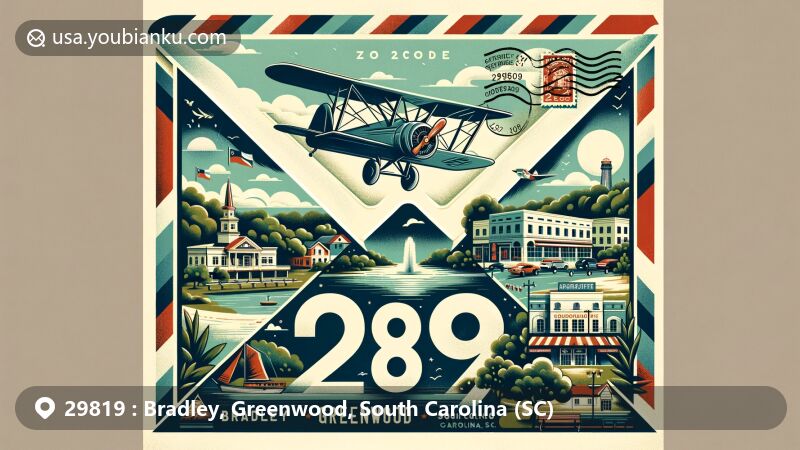 Modern illustration of Bradley and Greenwood, South Carolina, showcasing postal theme with ZIP code 29819, featuring vintage airmail envelope and iconic landmarks like Lake Greenwood and Uptown Greenwood.