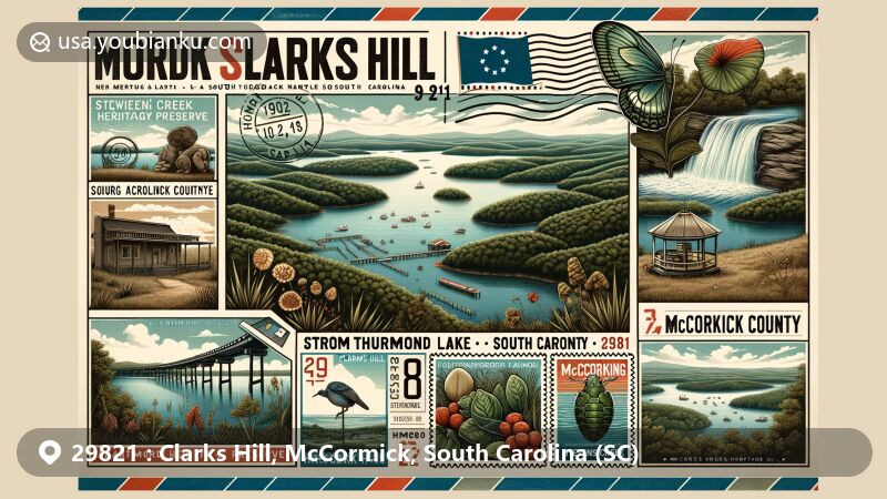 Modern illustration of Clarks Hill, McCormick County, South Carolina, featuring ZIP code 29821, showcasing local landmarks like Strom Thurmond Lake, Stevens Creek Heritage Preserve, Thurmond Dam, and South Carolina state symbols.