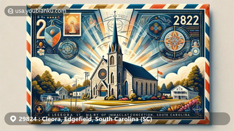 Modern illustration of Cleora, Edgefield, South Carolina, featuring ZIP code 29824 and St. Mary of the Immaculate Conception church, with symbolic references to pottery and Civil War history, set in a picturesque South Carolina landscape.