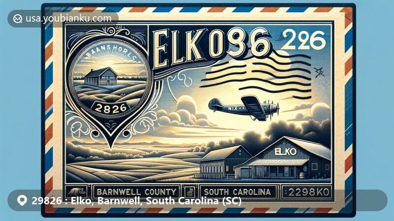 Modern illustration of Elko, Barnwell County, South Carolina, highlighting postal theme with ZIP code 29826, featuring Nix Store and rural landscape, reflecting tranquility and communication through mail.