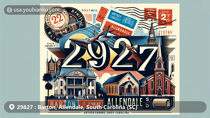 Vintage-style illustration of ZIP code 29827, Barton, Allendale, South Carolina, featuring postal elements with the ZIP code '29827' and key landmarks like Allendale County Courthouse and Roselawn Plantation.