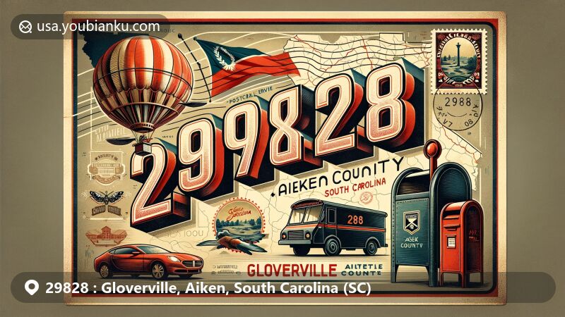 Vintage-style illustration of Gloverville, Aiken, South Carolina, featuring postal theme with ZIP code 29828, showcasing state flag and iconic postal service elements.