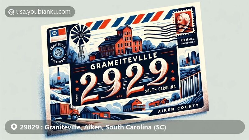 Modern illustration of Graniteville, Aiken County, South Carolina, featuring postal theme with ZIP code 29829, showcasing Graniteville Mill and Gregg-Graniteville Foundation, incorporating South Carolina state flag and postal elements.