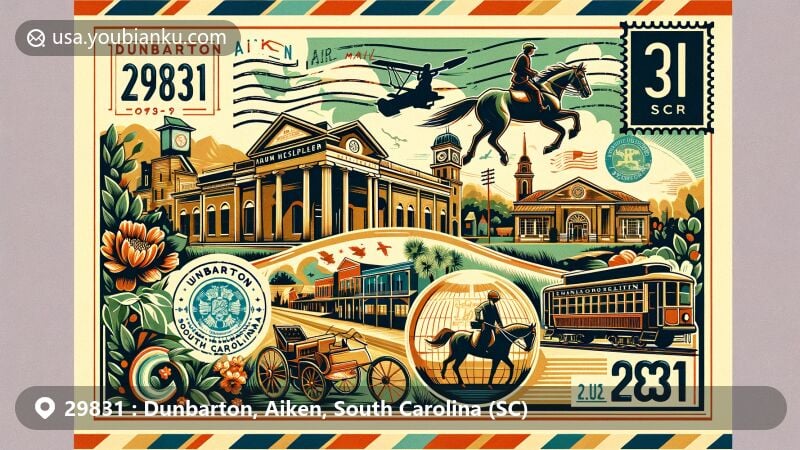 Vintage-style illustration of Dunbarton, Aiken County, South Carolina, featuring iconic landmarks and symbols of Aiken alongside historical elements of Dunbarton, incorporating a vintage stamp, ZIP Code 29831, and a postmark.