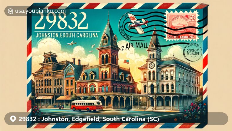 Modern illustration of Johnston, Edgefield, South Carolina, encapsulating ZIP code 29832 in a creative postcard format, showcasing Johnston Historic District with diverse architectural styles like Italianate, Second Empire, Victorian, Queen Anne, and Neo-Classical, featuring First Baptist Church.