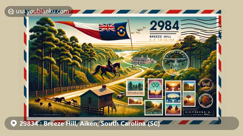 Modern illustration of Breeze Hill, Aiken, South Carolina, featuring air mail envelope with vibrant depiction of Hitchcock Woods, iconic state flag, and custom stamps highlighting local culture.